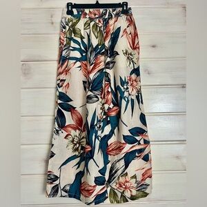 C&C California Cream Wide Leg Floral Pants with Teal, Coral & Olive